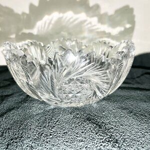 Vintage Brilliant Cut Glass Bowl Hobstar Fan Pattern Sawtooth Edge 8 Inch Heavy